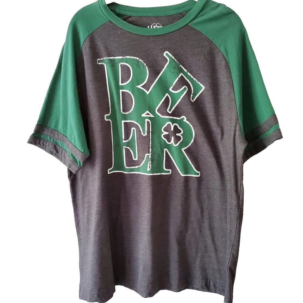 Lucky TEE T-Shirt Men's Sz XL Gray Green BEER Large Spellout St Patrick's Day